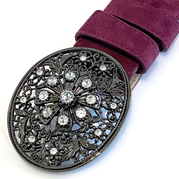 Suede Belt w Jeweled Filigree Buckle Aubergine - Picture 3 of 6